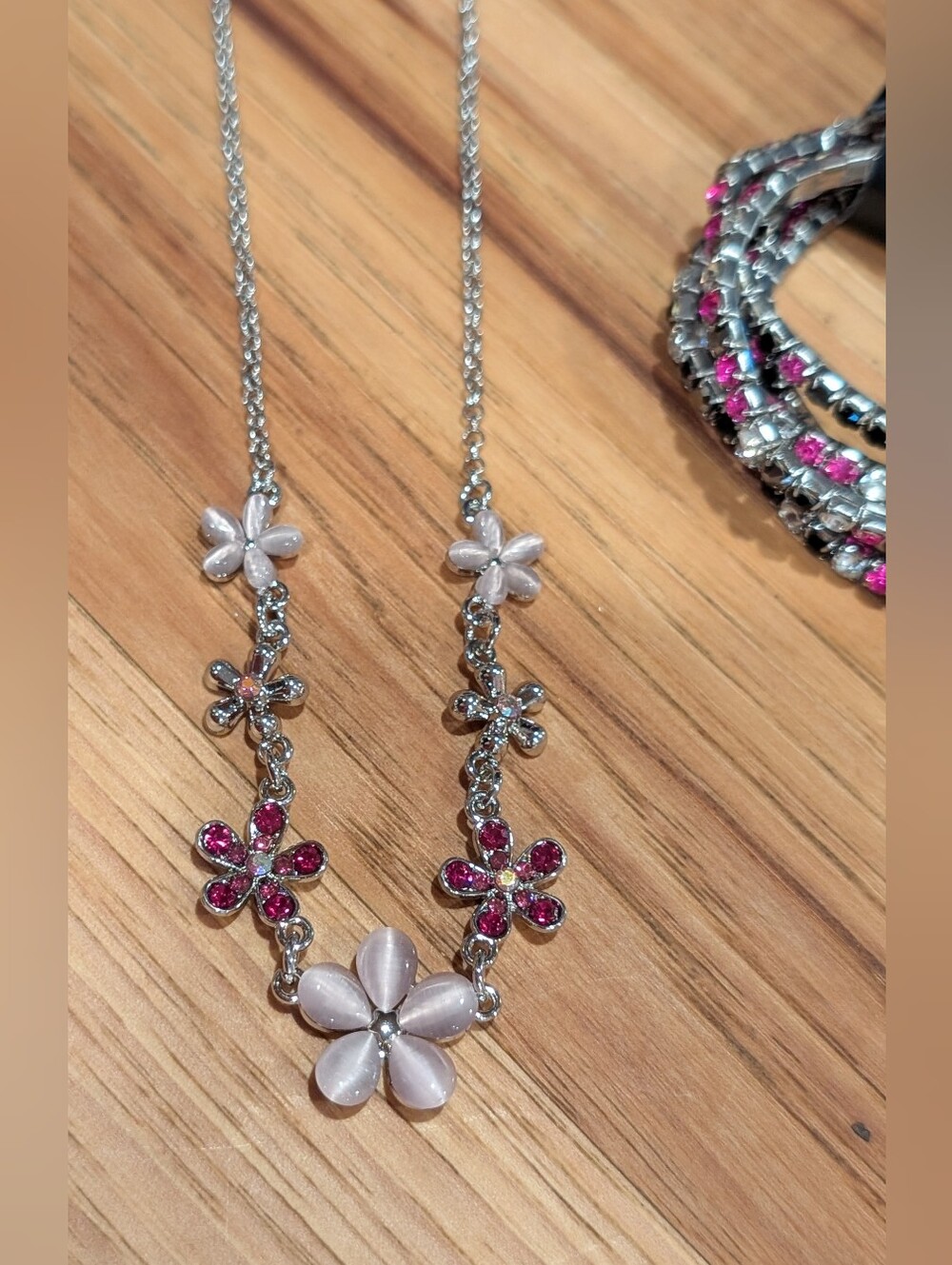Silver Floral Necklace with Pink and Pearl Flowers And Matched Bracelet